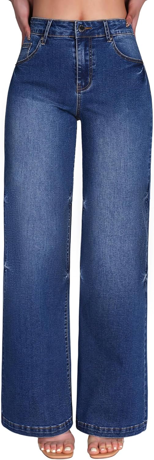 roswear Women's Wide Leg Jeans High Waisted Stretchy Denim Trouser Pants