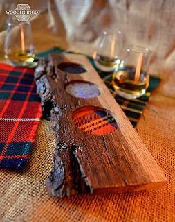 3- HOLE OAK WHISKY TRAY WITH WANEY EDGE - WITH 3 NOSING GLASSES by Wooden Ingot