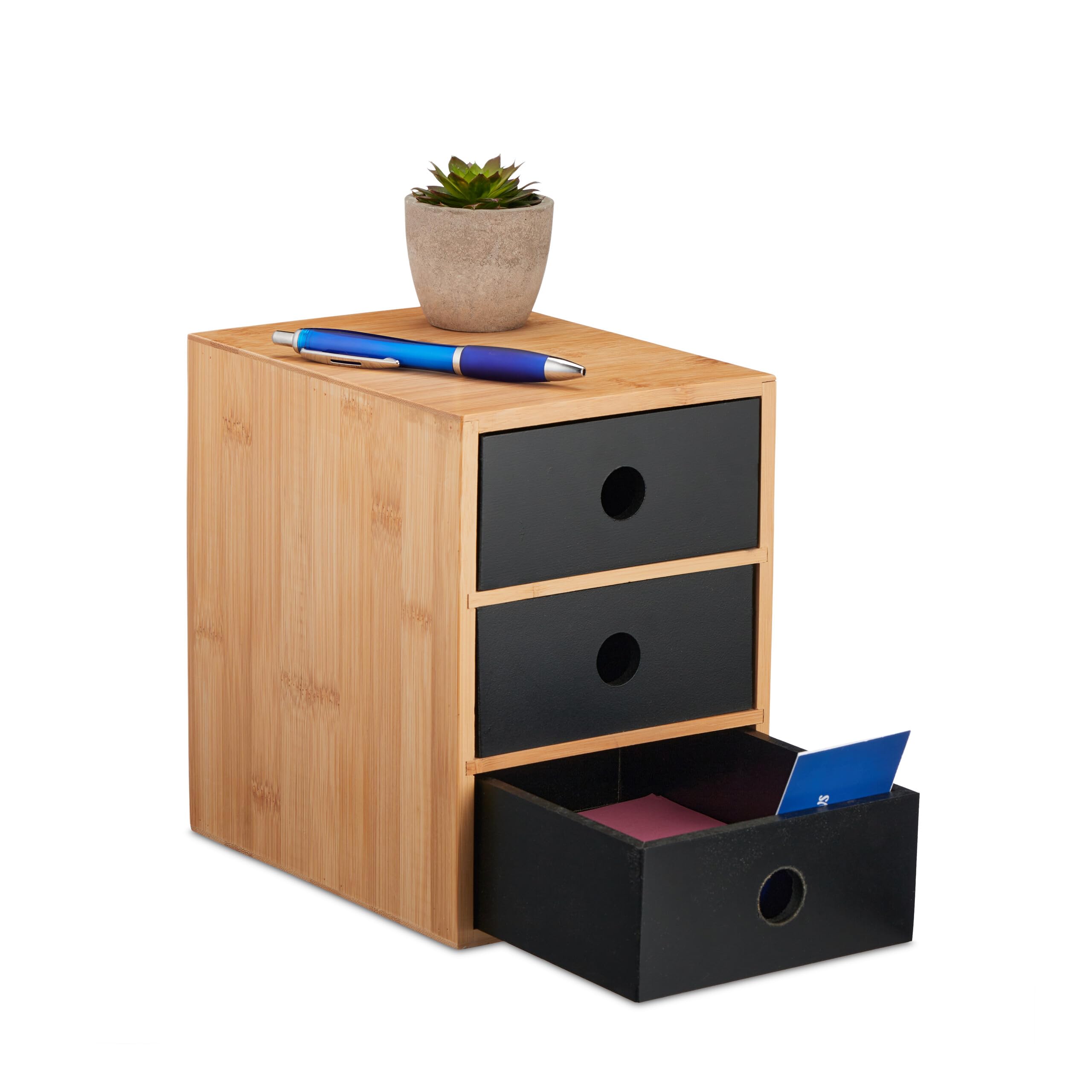 Relaxdays Organizer da Scrivania, 3 Cassetti, bambù e MDF, HLP: 21x15x20 cm, Portapenne Tavolo Ufficio, Naturale Nero