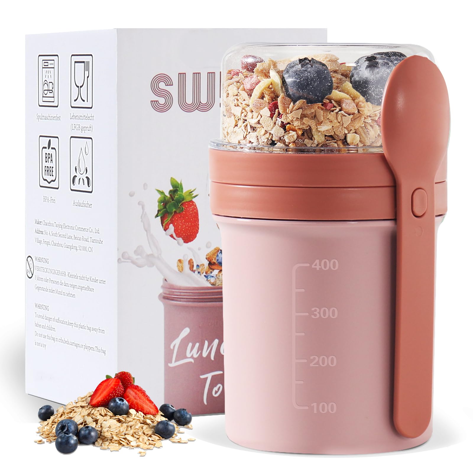 Swkien MüSlibecher to Go, Joghurtbecher to Go 450ml+250ml, Joghurt to Go Becher mit Löffel, Müsli Becher to Go für Müsli & Joghurt, Auslaufsicherer Müsli Cup to Go, Lunchpot(Vivid Mauve)
