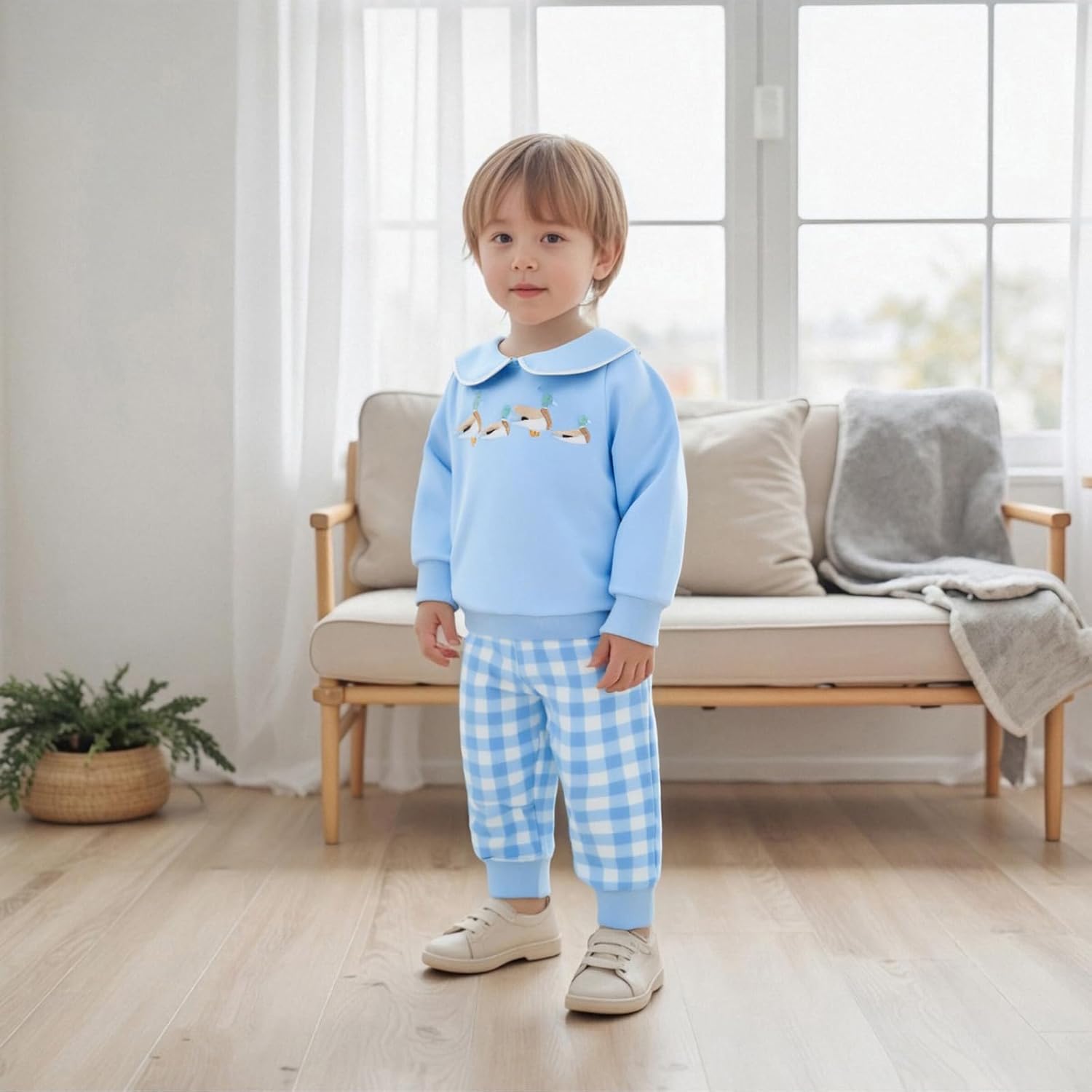 Bagilaanoe Infant Baby Boy Fall Long Sleeve Sweatshirt Pullover and Plaid Pants Outfit Mallard Duck Embroidery Clothes Set - Image 6