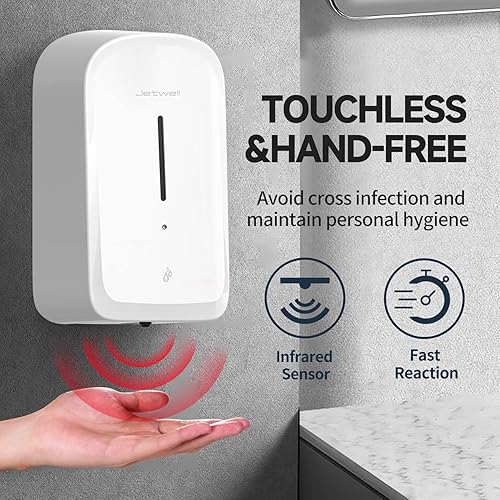 Miniatura 4 de JETWELL Dispensador automático de jabón de manos sin contacto para montaje en pared, funciona con pilas, cubierta de plástico blanco de gran