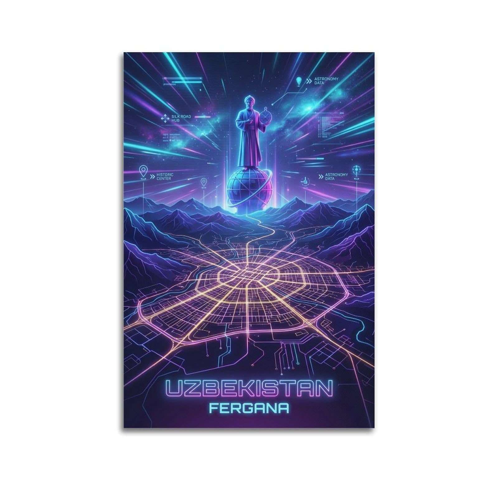 XKUGA Uzbekistan Al-Fraganus Neon City Synthwave Map Poster Modern Decorative Canvas Prints - Ideal Wall Art for Family, Man Cave, Game Room, Boys & Girls Bedroom 20x30inch(50x75cm)