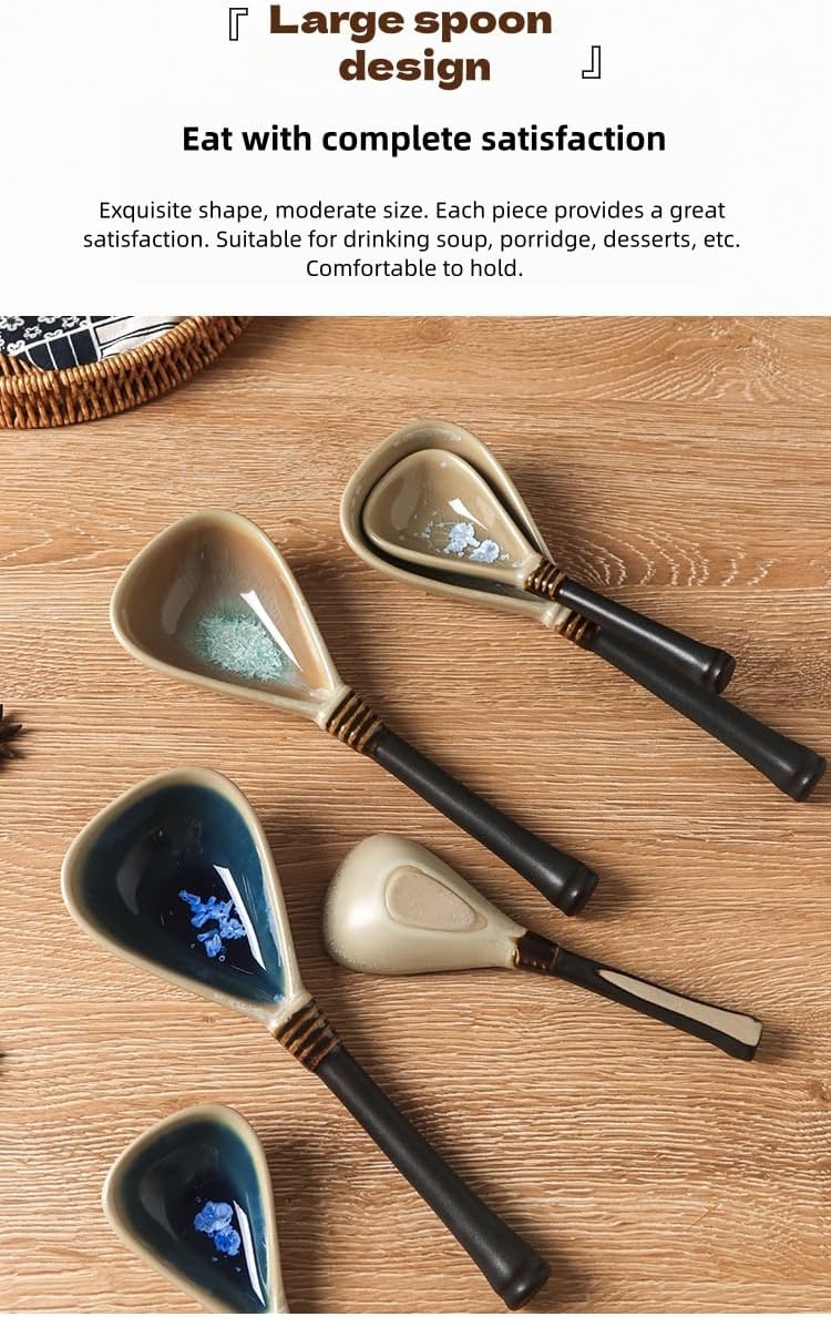 3-pcs Japanese Raku Ceramic Spoon Set - Long Handle Ice Crackle Pattern Soup & Coffee Spoons, Dishwasher Safe (Grey, Green, Blue) Large: 8.8 * 2.9 in, Small: 6.6 * 2.1 in (Large: 8.8 * 2.9 in)
