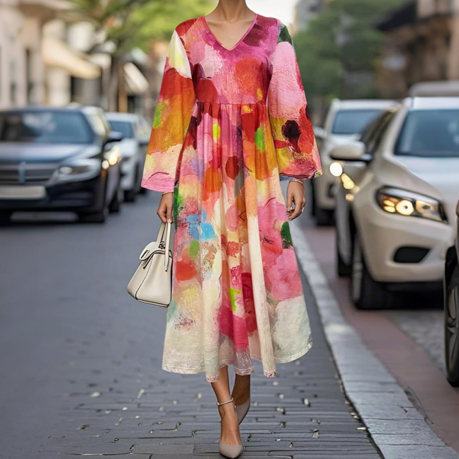 Women's Elegant Bell-Sleeve Printed Long Dress Commuter Mom Dress