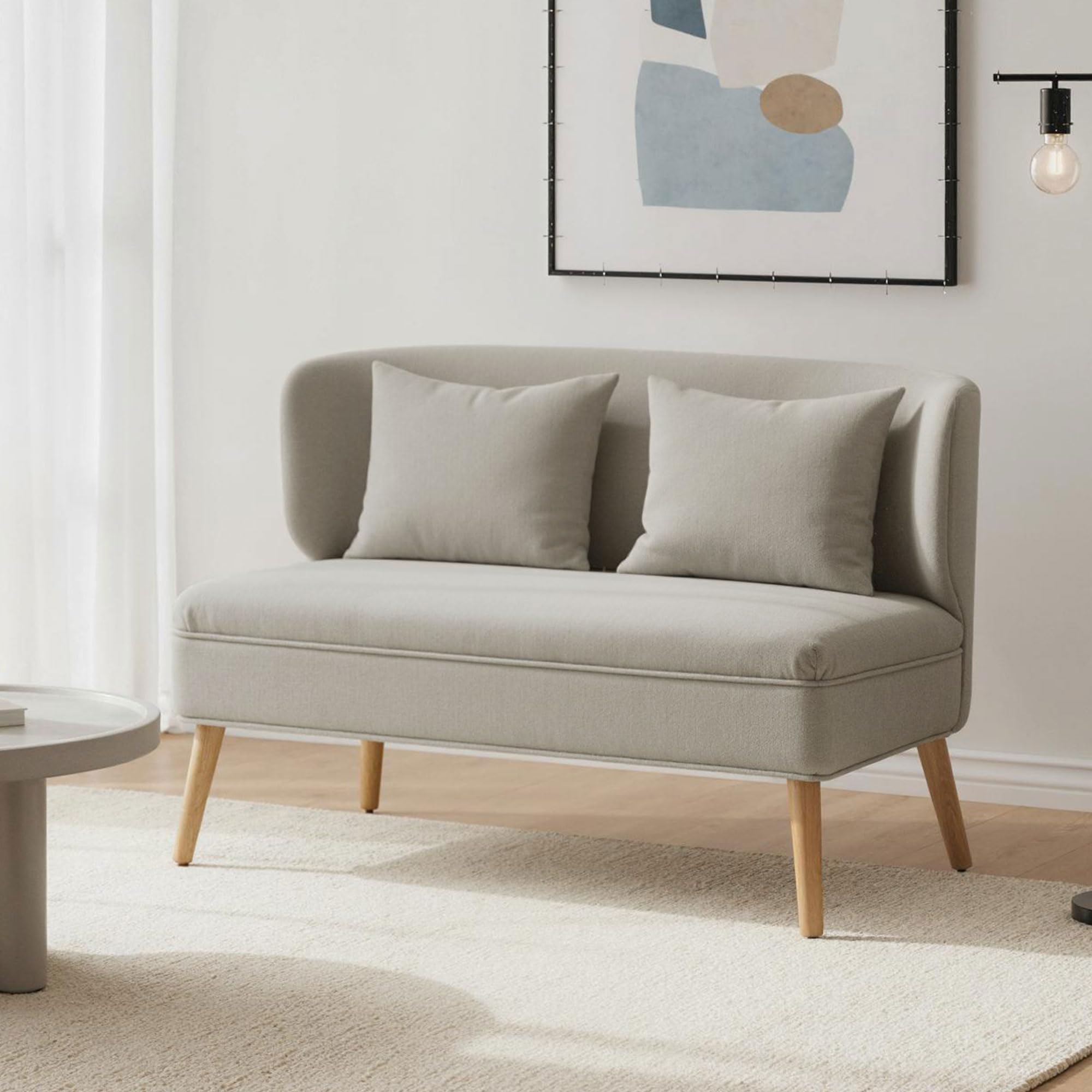 HOMCOM Sofa 2 Sitzer Kleine Couch mit Flügelrücken Doppelsofa 117 cm Beige | 2 Wurfkissen, Dick Gepolstert, Modern Polstersofa, Chenille-Optik, Holzbeine, für Kleine Räume, Wohnzimmer, Schlafzimmer