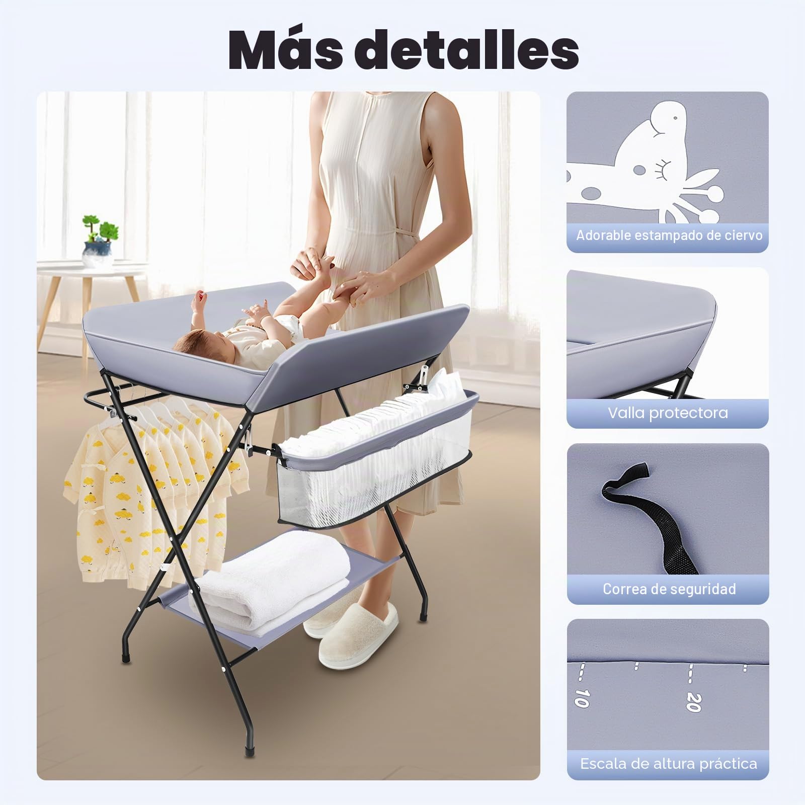 Cambiador portátil para bebé, color gris oscuro con patrón de cómic, altura regulable, impermeable, cinturón de seguridad y espacio de almacenamiento, estructura triangular estable (hasta 25 kg
