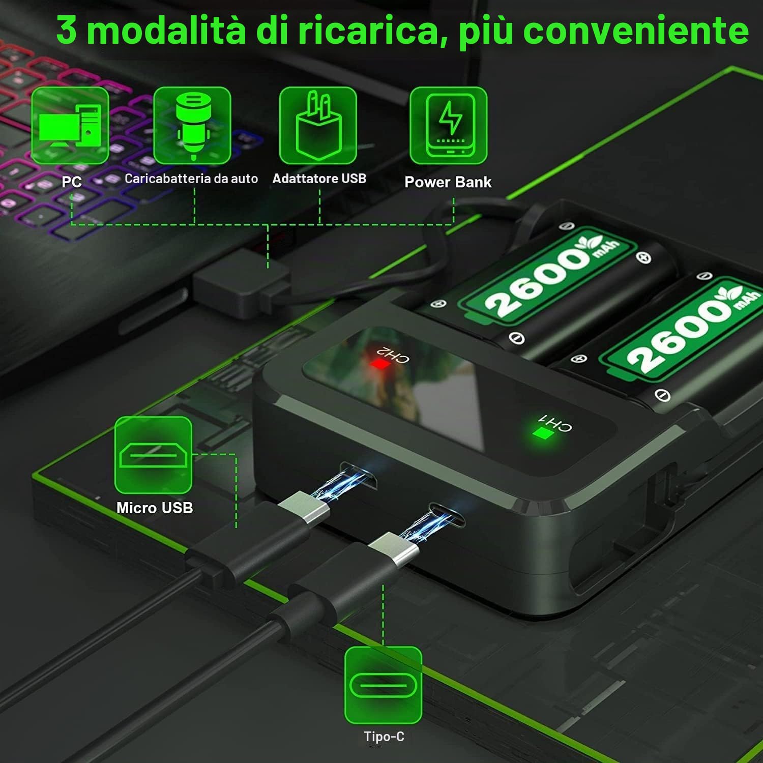Batterie per Xbox One/Xbox Series X|S/One S/X, 2600mAh(=6200mWh) 2.5 Ore di Ricarica Rapida Batterie Ricaricabili per Xbox Series X|S/Xbox One S/Xbox One X/Xbox One Elite Controller