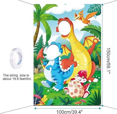 Miniatura 2 de DPKOW Accesorio para fotos de fiesta de dinosaurios para niños, divertido telón de fondo de cara en el agujero, pancarta de puerta de dinosaurio