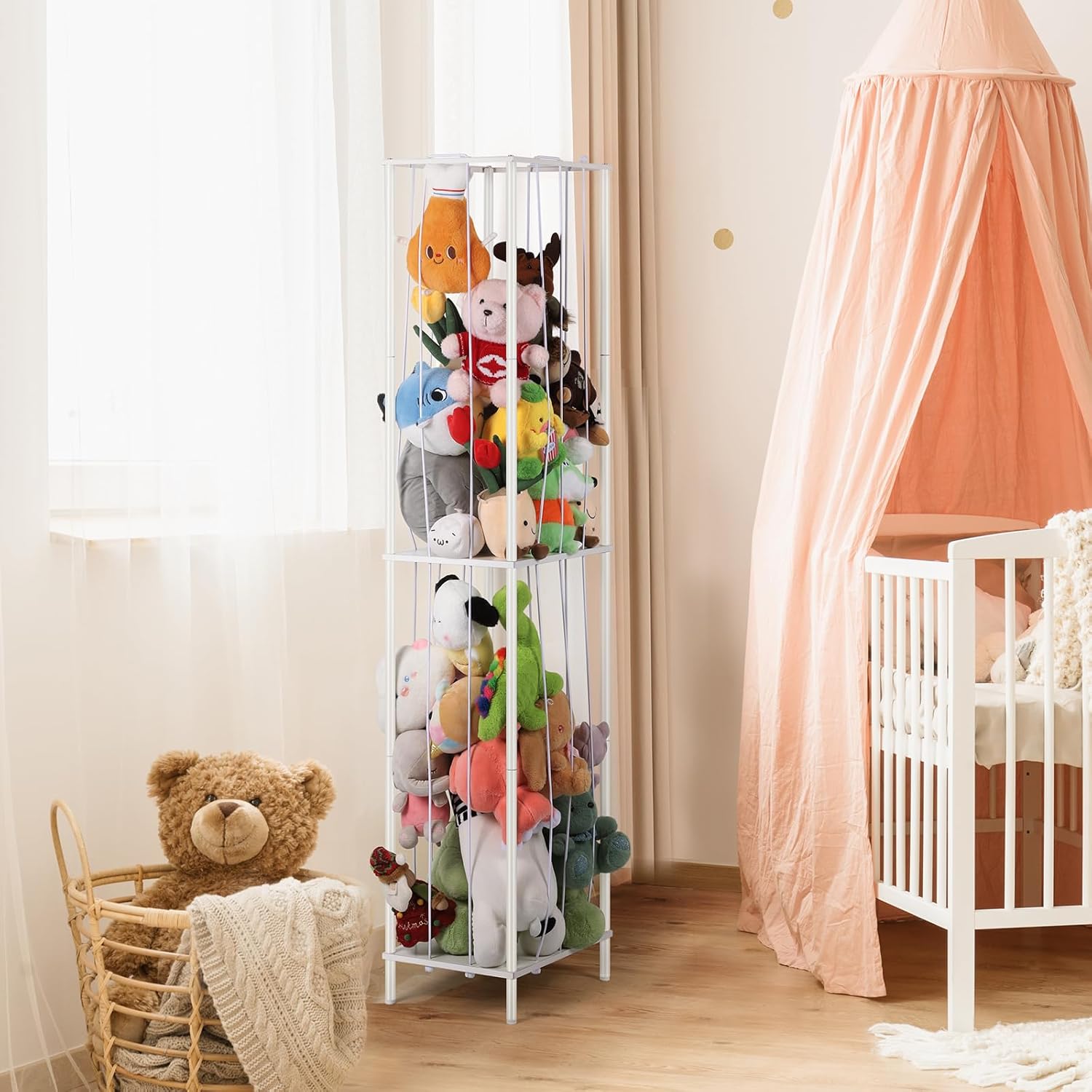 OYEAL Stuffed Animal Storage Holder Metal Kids Toy Storage Organizer, 64'' Stuff Animal Organizer Plushies Storage with Elastic Rope for Nursery Playroom Bedroom Kid Room, White