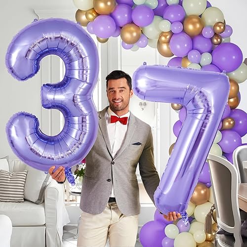 Miniatura 5 de Globo morado del número 7 de 40 pulgadas, globos de helio grandes y grandes, globos gigantes de Mylar número 7 para fiestas de cumpleaños de 7 años,