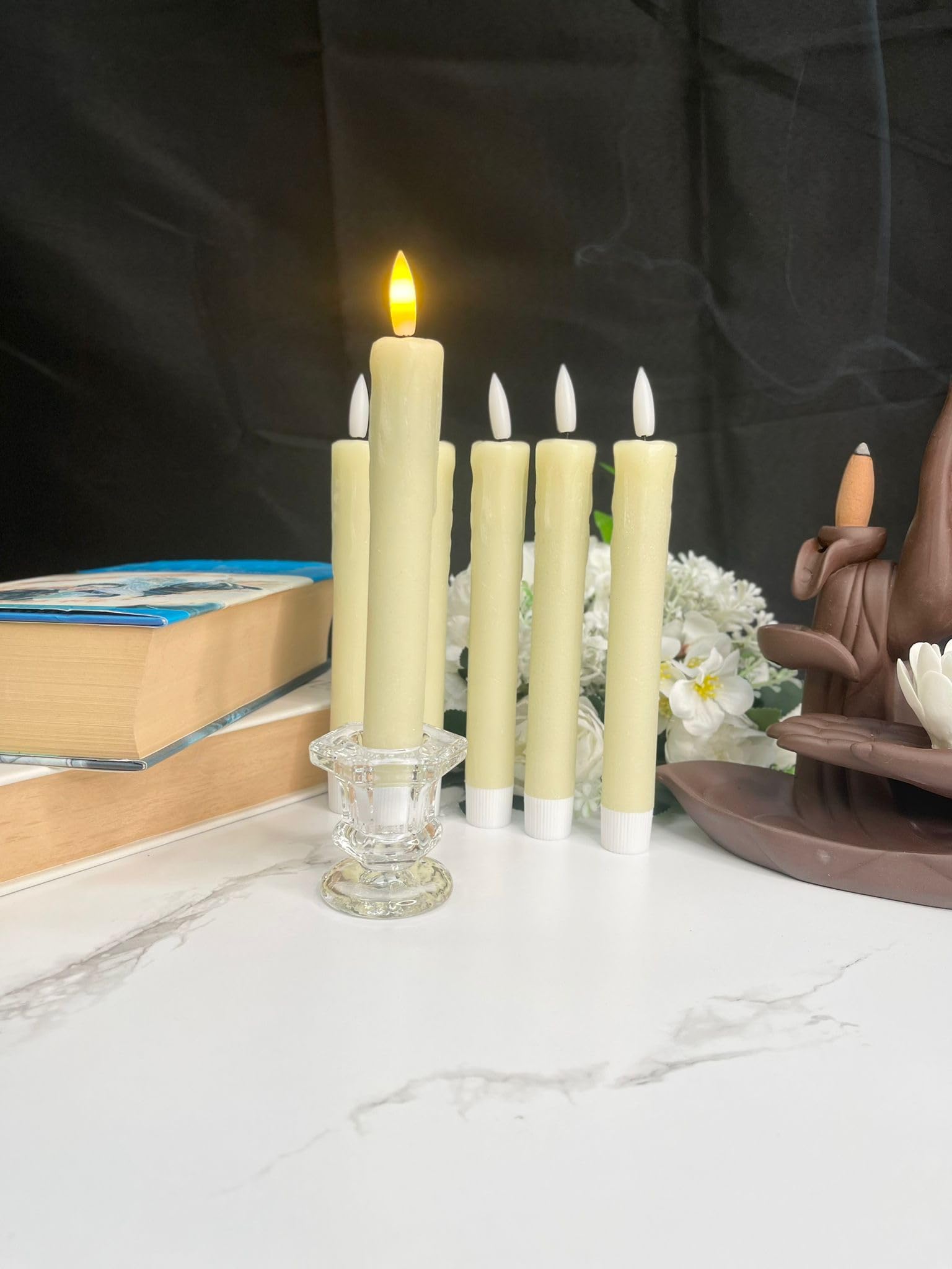 H Homedelight1234 Ivory Flickering Real Wax Led Taper Candle Set With Timer Remote, Battery Powered Included Flameless Candles For Decorative Lighting Pack Of 6 Candles (Ivory)
