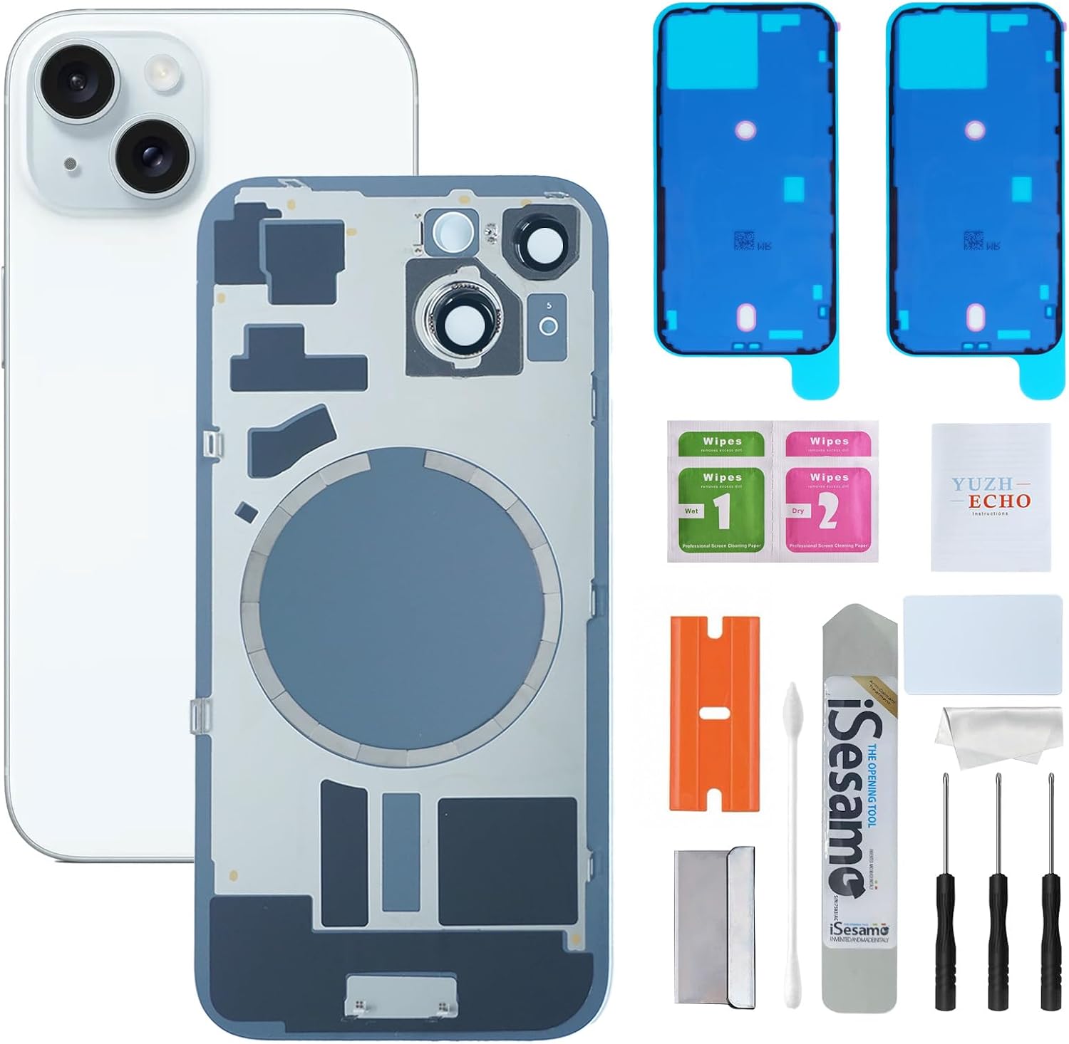Back Glass Replacement for iPhone 15(6.1 inches,Blue) Integrated Glass & Magnet & Metal Phase Ring Repair Tools are Included