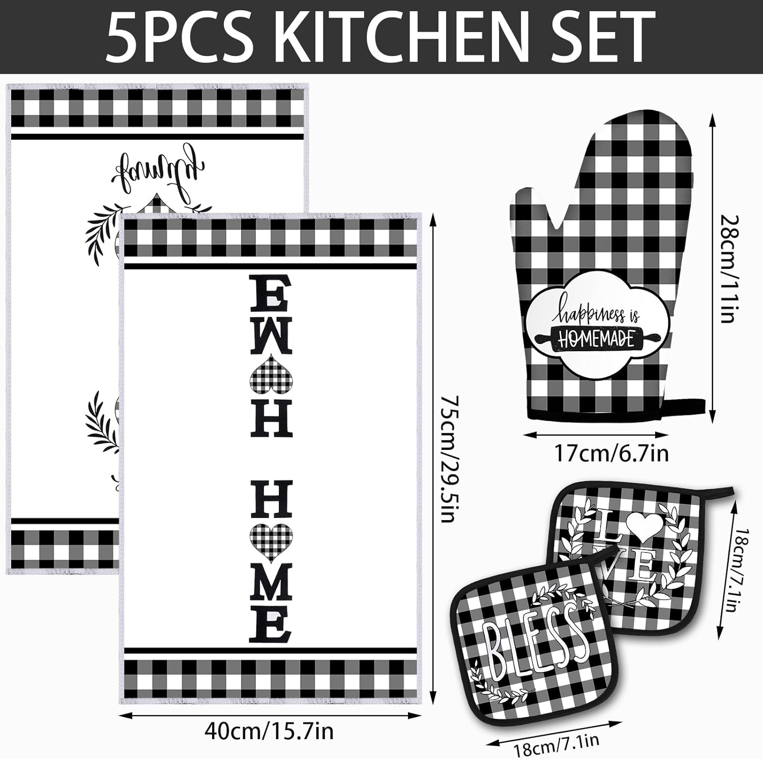 5 Pieces Buffalo Plaid Kitchen Towels Oven Mitts and Pot Holder Set Black and White Kitchen Towels Oven Gloves, Hot Pads Pot Holders for Farm House Accessories Decor(Heart) - Image 2