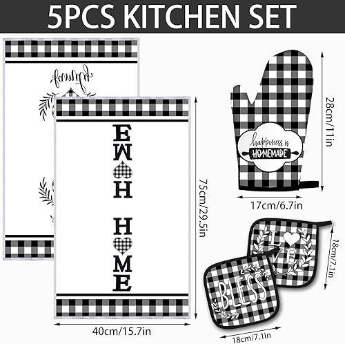 Miniatura 2 de Juego de 5 toallas de cocina a cuadros de búfalo, guantes de horno y soporte para ollas, toallas de cocina en blanco y negro, guantes de horno y