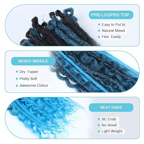 Miniatura 3 de Sangtok Juego de 30 extensiones de rastas SE onduladas estilo bohemio, color azul degradado, finas, extensiones de rastas falsas con extremos