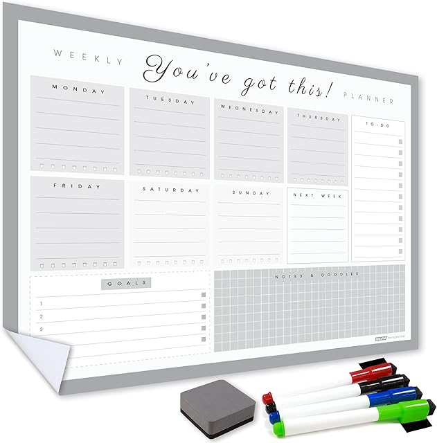 WallTAC A3 Weekly Planner Whiteboard Sticker for Wall | Made in The UK | Easy-to-Remove Dry Wipe Calendar with Reusable Adhesive | Family Meal Planner or to Do List for Home and Office [43 x 30cm]