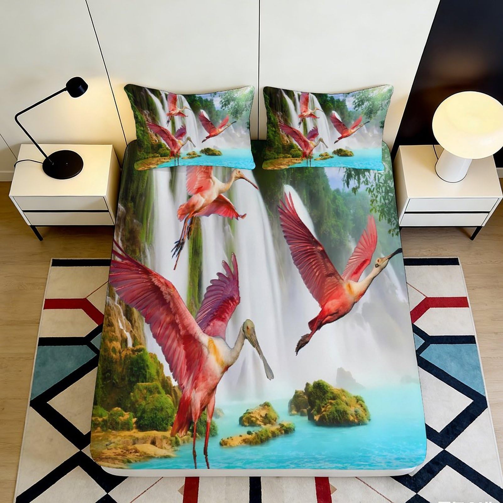 3D Printed Pink Birds Waterfall Fitted Sheet Microfiber Soft Breathable Scenic Bed Cover for Bedroom Dormitory Guest Room Mattress Protection 180x200x25cm