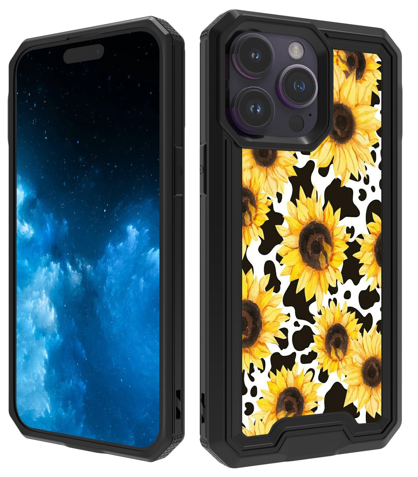 BPQOJB for iPhone 15 Pro Max Case with Sunflower Cow Print Pattern for Men Women Dual Layer Hybrid Hard PC Soft TPU Shock Proof Protective Phone Case