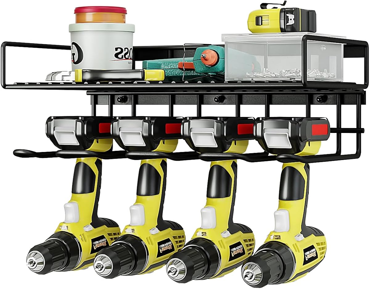 Power Tool Organizer Heavy Duty Wall Mount Drill Tools Holder | Garage Wall Mount Tool Rack, Workshop Metal Cordless Tool Shelf, 1 Layers Utility Storage Racks for 4 Drill Holders