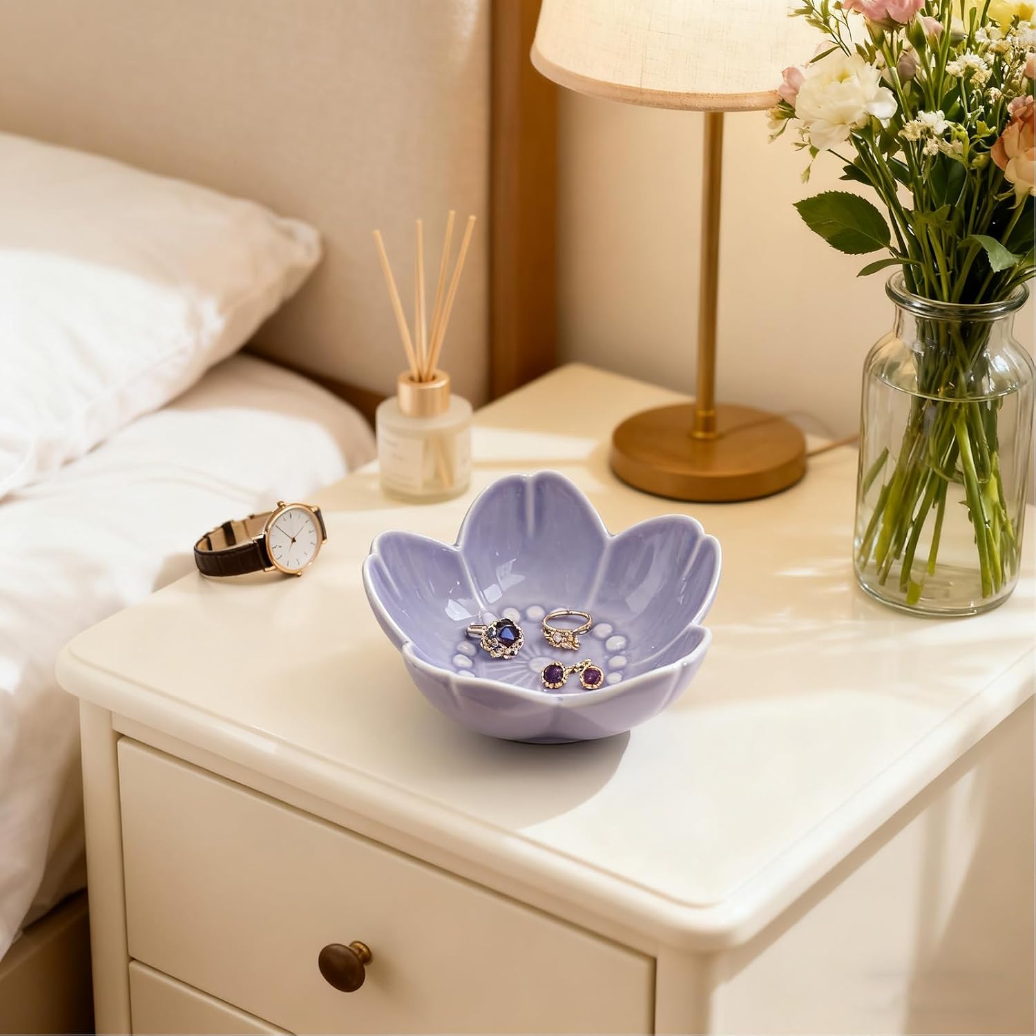 Purple Flower Ring Dish Jewelry Tray, Ceramic Jewelry Dish, Small Trinket Dish, Nightstand Bathroom Decor Ring Holder, Jewlery Plate Bowl for Christmas Friendship Birthday Gifts for Women Mom