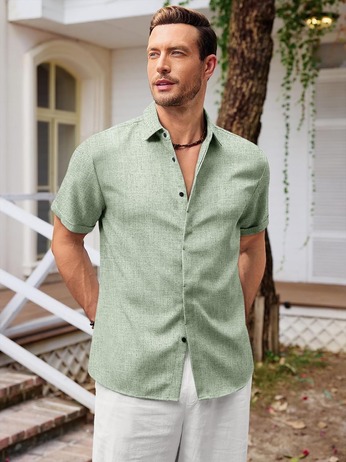 Runcati Mens Short Sleeve Linen Shirts Button Down Casual Texture Summer Beach Wedding Tops - Image 3