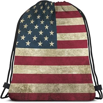 Vintage American Flag Drawstring Backpack, Polyester, Waterproof, Lightweight, 14x16.9 inches, Multi-a222