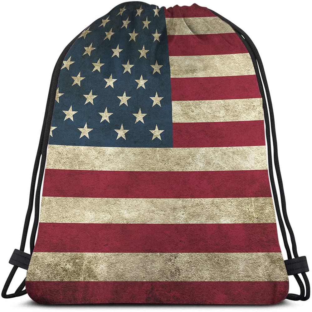 Vintage American Flag Drawstring Backpack, Polyester, Waterproof, Lightweight, 14x16.9 inches, Multi-a222