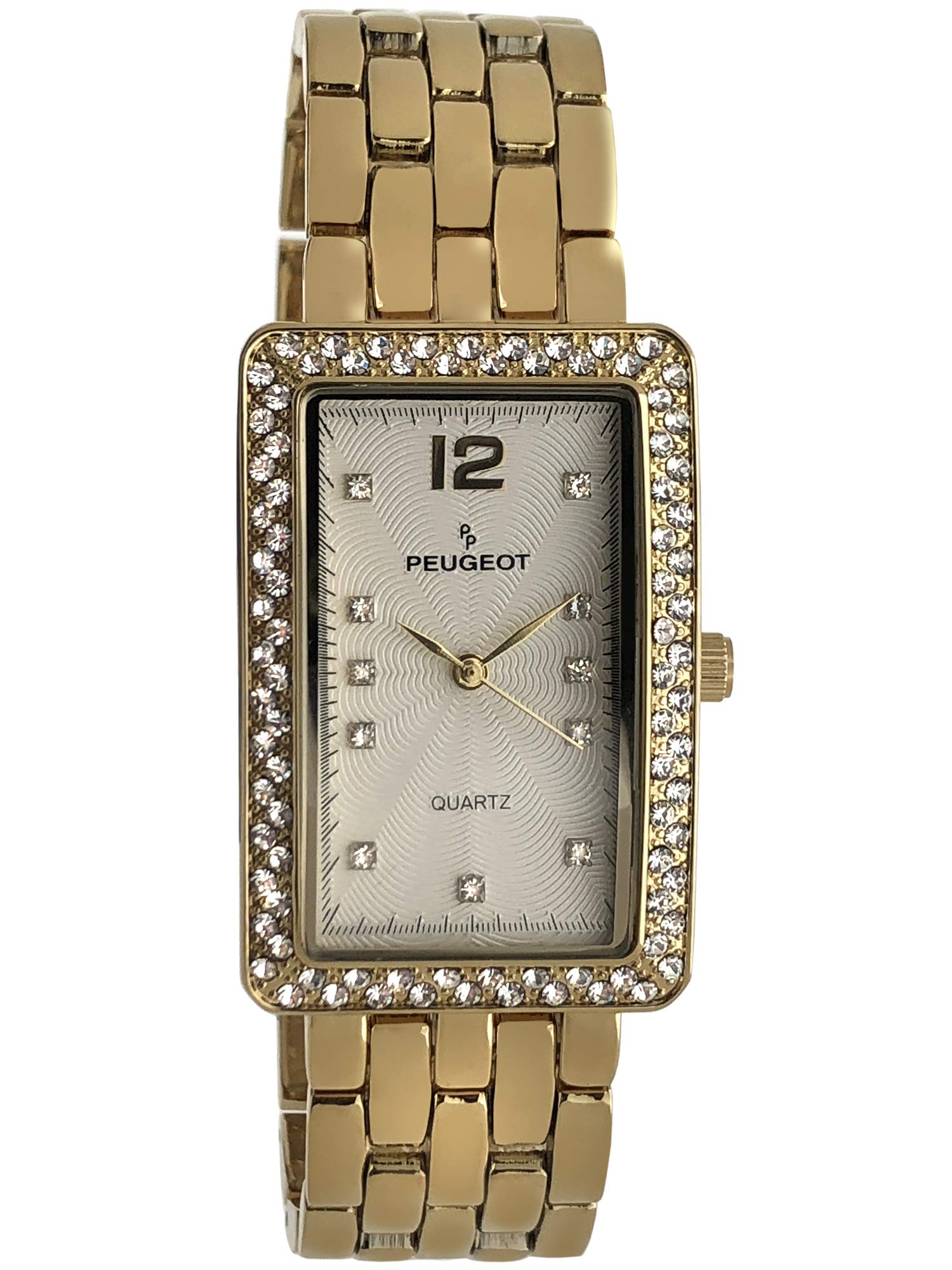 Peugeot Women's Tank Shape 14K Gold Plated Wrist Watch with Analog Link Bracelet with Crystal Bezel