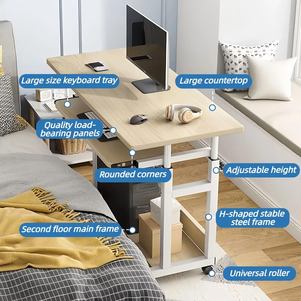 Tavolino per Laptop Regolabile in Altezza con Ruote, in Rovere Bianco, con Vassoio per Tastiera, Ideale per casa, Ufficio e Camera da Letto - 60x45 cm (24x18 Pollici)