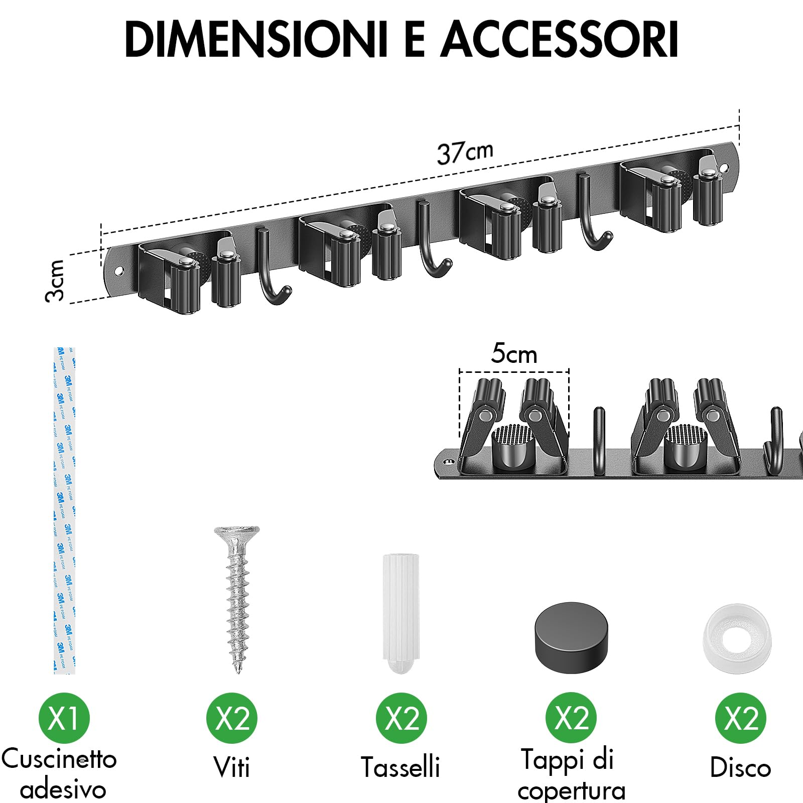 Radikor Porta Scope Parete, Portascope da Muro con 4 Supporti e 3 Ganci, Appendi Scope a Muro Autoadesivo, Appendiscope in Acciaio Inox Avvitabile, Ganci Porta Attrezzi da Giardino, Nero