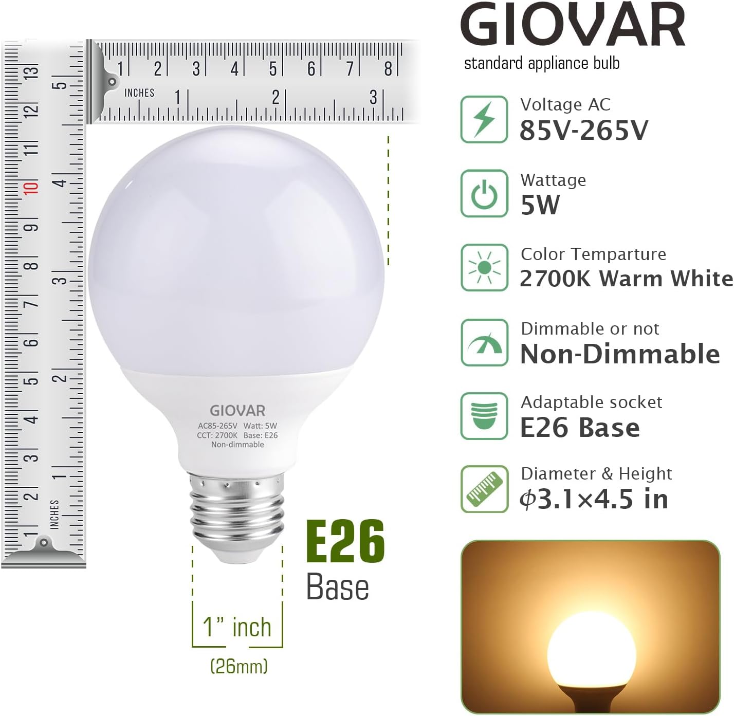 8-Pack G25 LED Vanity Light Bulbs 120V 40 Watt Equivalent, E26 Base, 2700K Warm White LED Globe Light Bulbs for Bathroom Mirror, Non-Dimmable