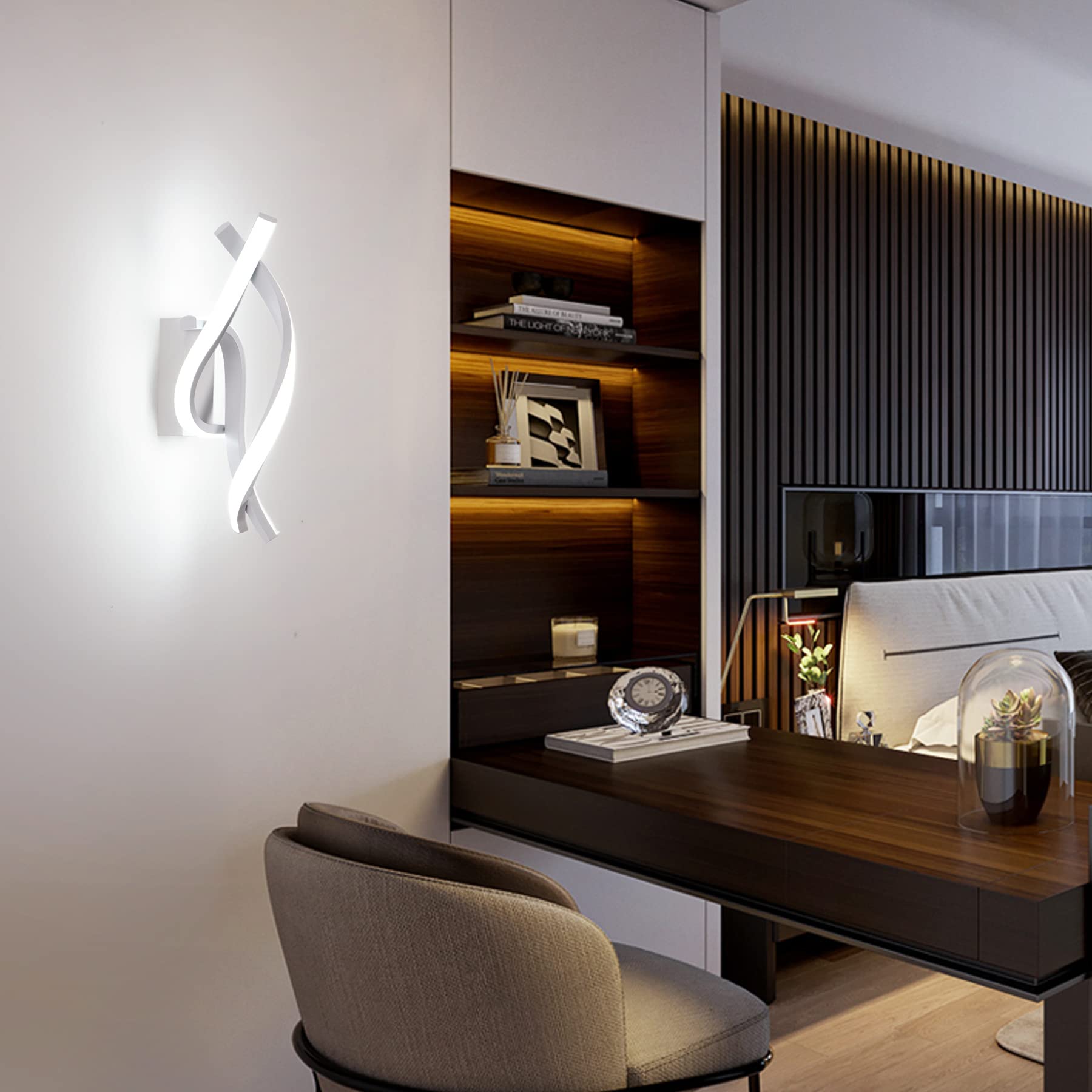 Applique da Parete Interno,22W LED Luce Bianco Freddo 6000K 1800 Lumen Lampada da Parete,Moderno Design Curvo Lampade a Muro,Aplique Alluminio per Bagno Soggiorno Camera da Letto Scale Corridoio