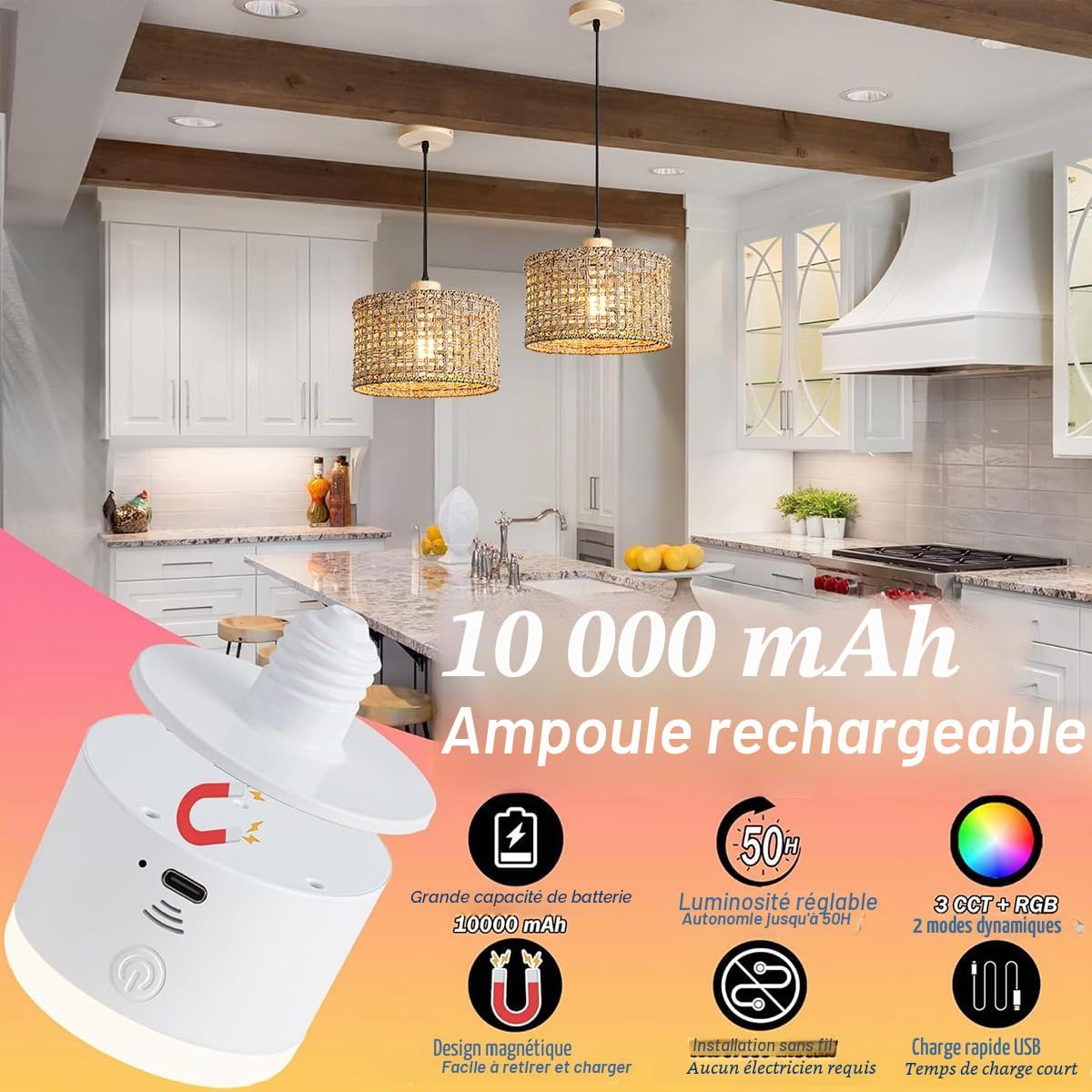 KZT Lampe suspendue en bambou avec batterie et télécommande, lampe suspendue à piles, lampe en rotin avec ampoules rechargeables RVB de 10 000 mAh pour cuisine, aucun câblage requis