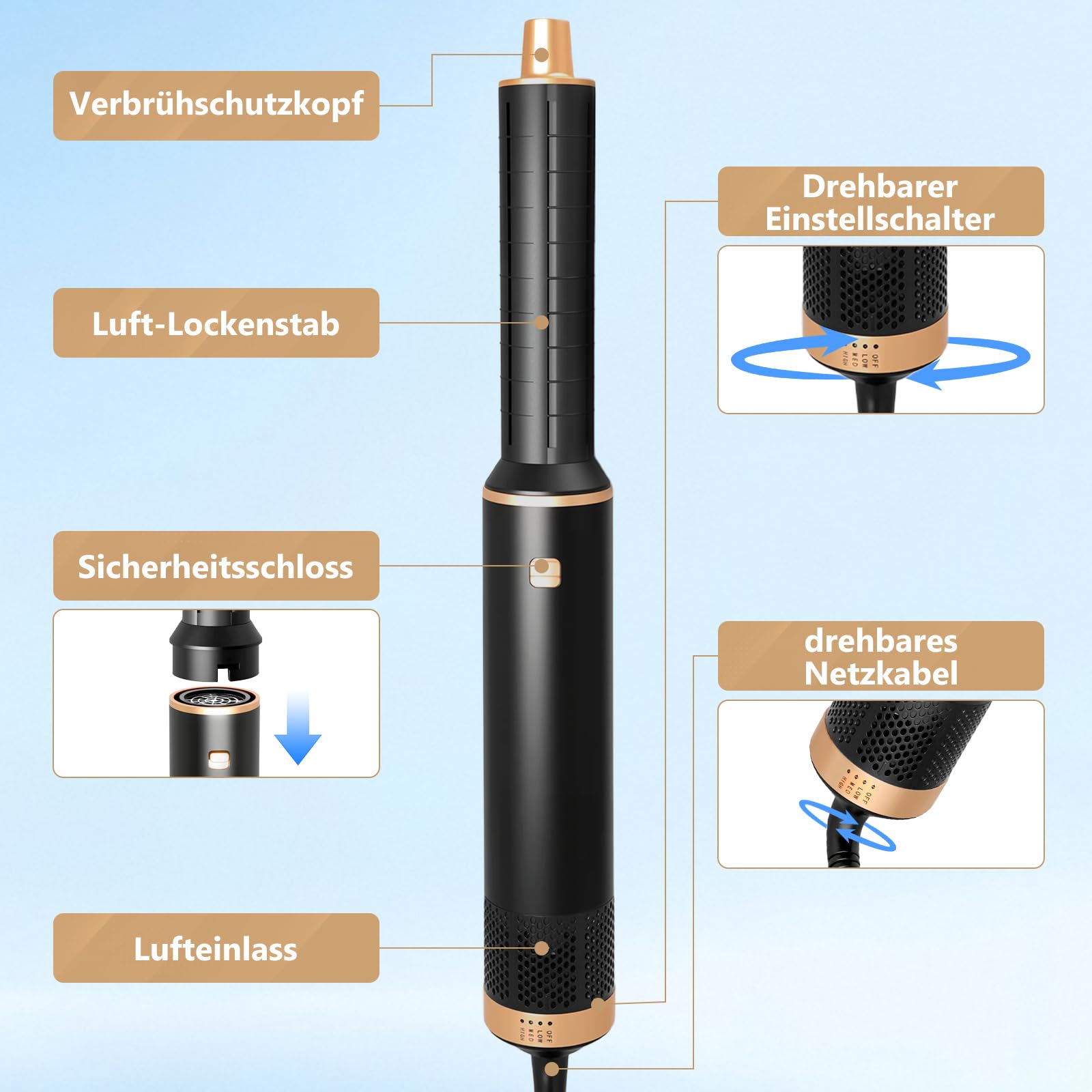 Airbrush 5 en 1, Air Styler 5 en 1, Hairstyler avec Seche Cheveux, Brosse Soufflante, 32mm Fer a Boucler, Thermal Brush, Pas de Dommage Thermique, pour Cheveux Secs, Lissés, Bouclés