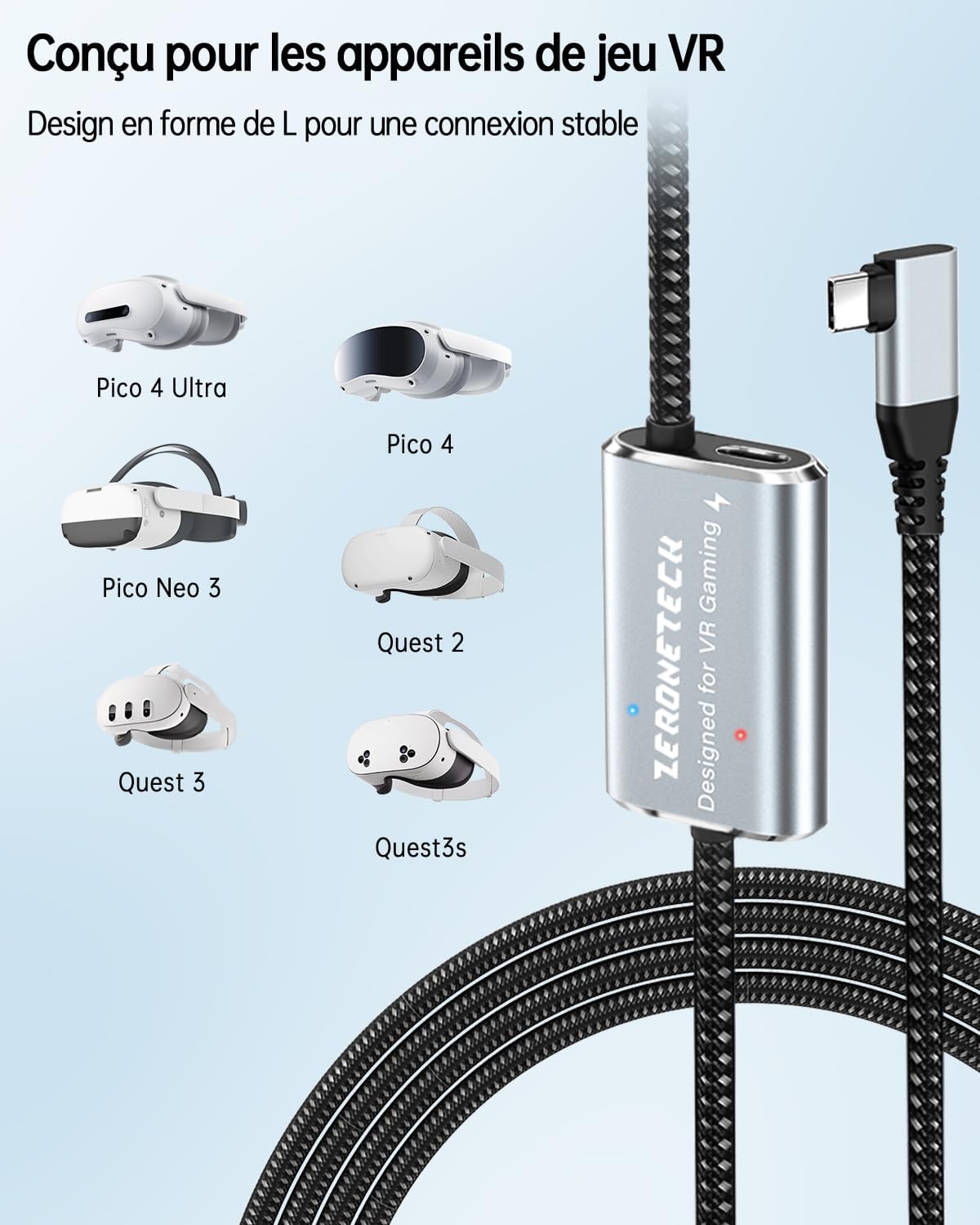 ZeroneTeck Câble Link VR 5M USB 3.0 5Gbps, Compatible Meta Quest 3/3S/2/Pro Pico 4/Ultra/Oculus PC & SteamVR, Recharge Rapide et Transfert Ultra-Rapide, Jouez Sans Limite, Pince de Fixation Incluse