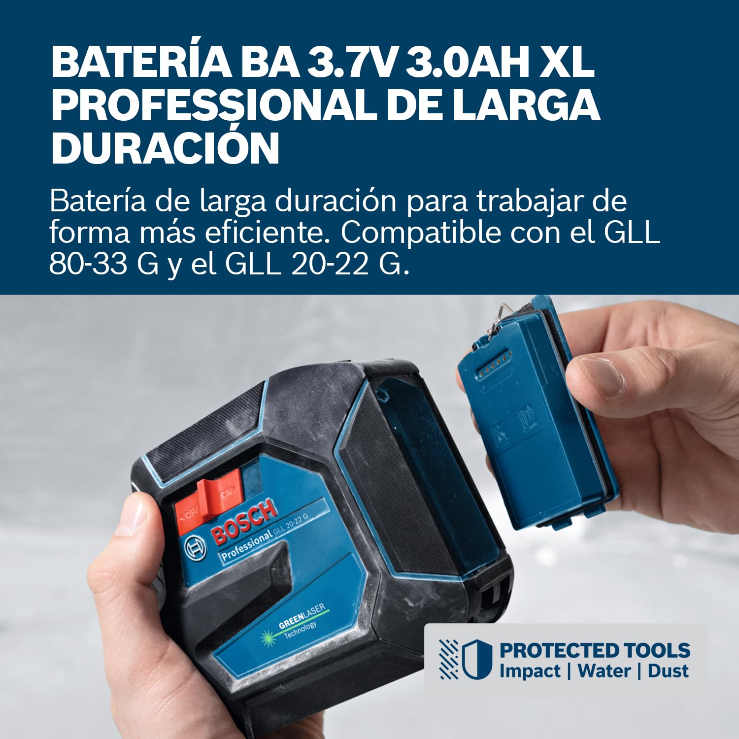 Batería de iones de litio BA 3.7V 3.0Ah XL de Bosch Professional (mecanismo de sujeción seguro, puerto de carga USB-C, doble fuente de alimentación)
