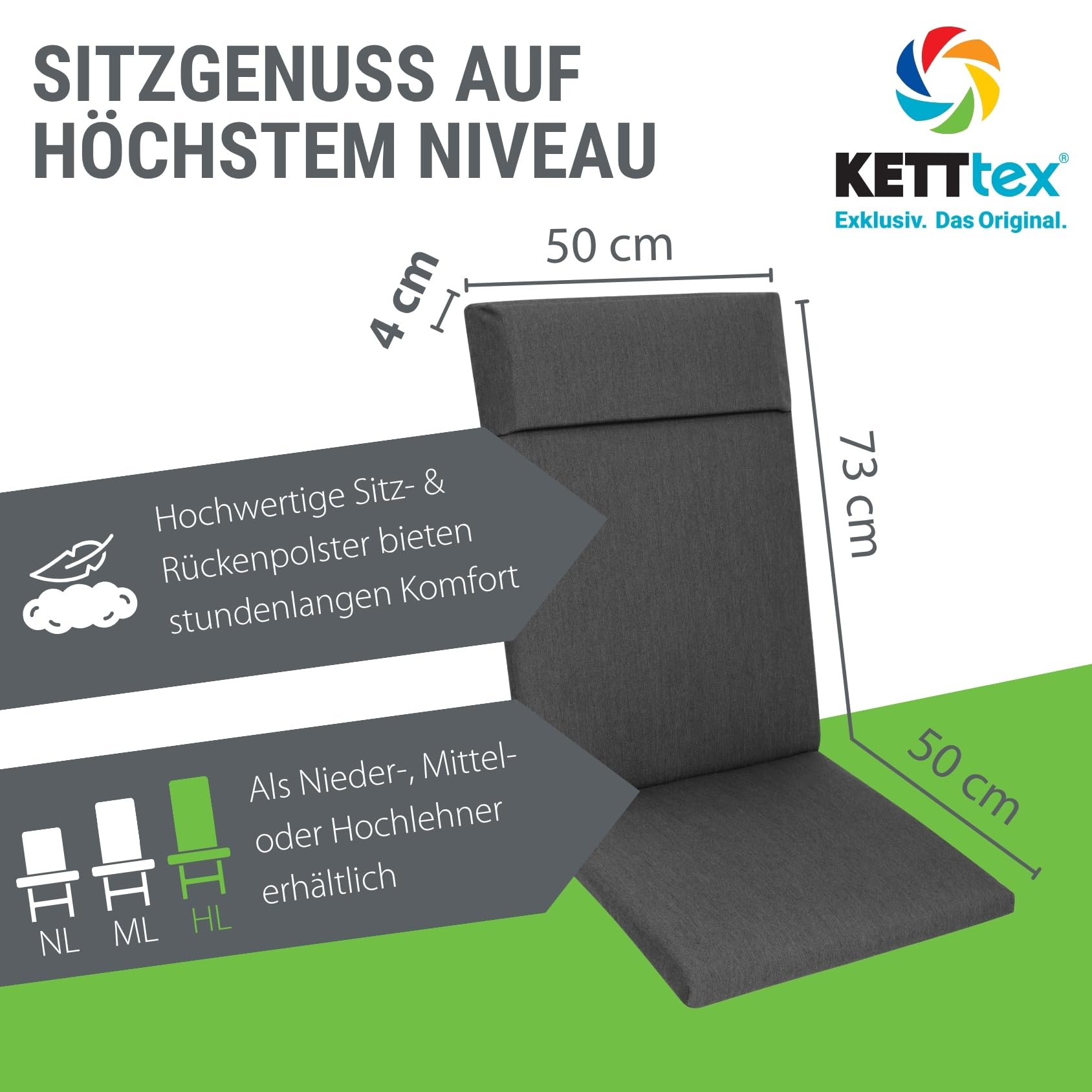 Auflage Hochlehner Agora anthrazit I Gartenstuhl Polster 123x50x4cm mit Kopfpolster I spinndüsengefärbter Stoff I Sitzauflage I pflegeleicht & widerstandsfähig I Dessin 2710