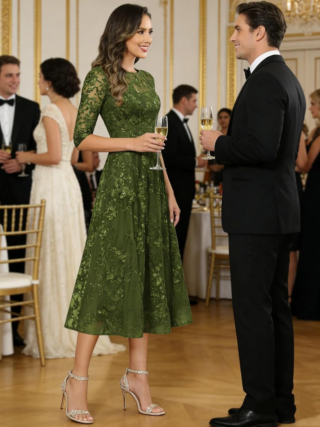 Sparkly Sequin Mother of The Bride Dresses Tea Length Applique Lace Formal Evening Gown with Sleeves - Image 4