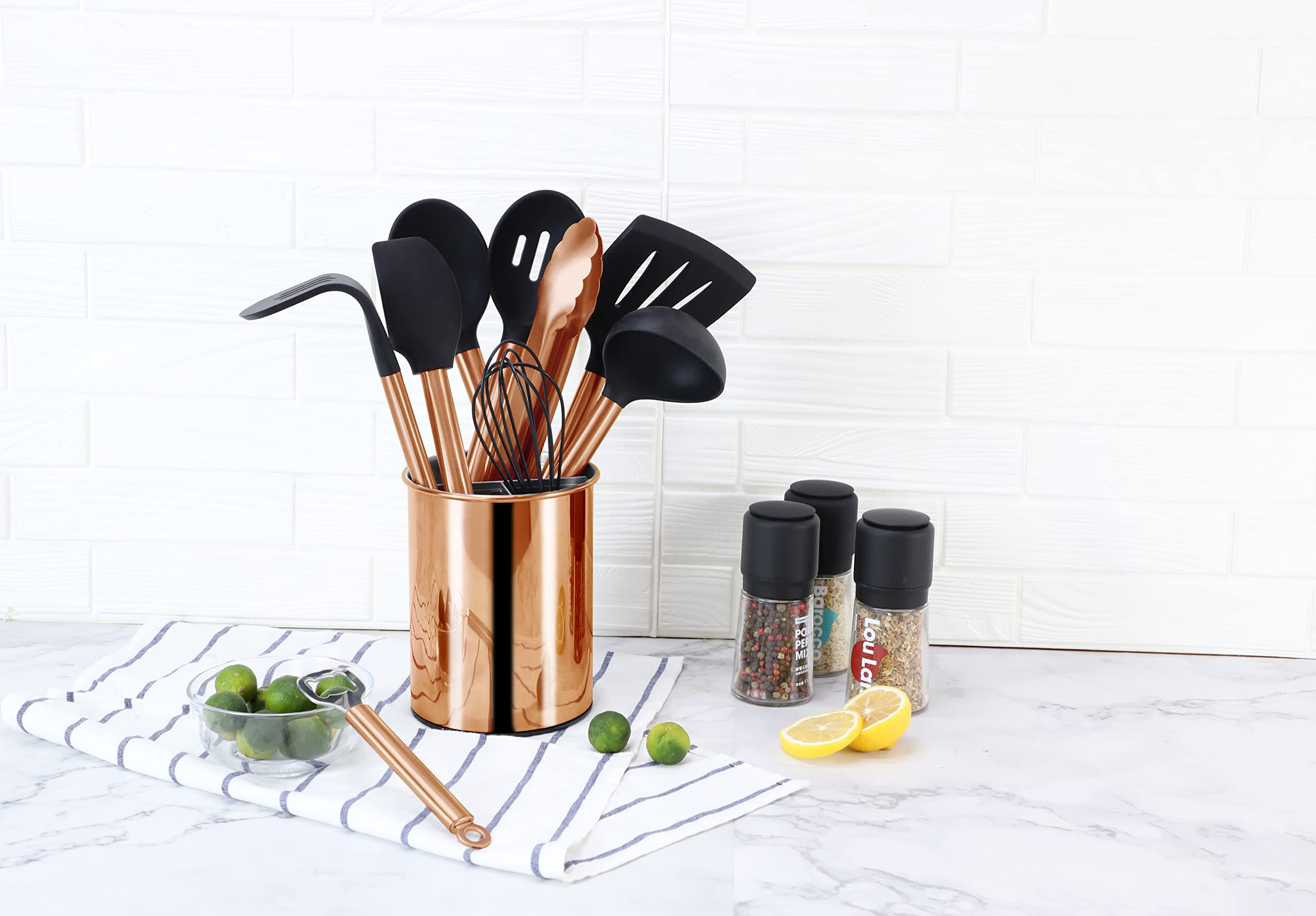 ECHTWERK Ustensiles cuisine, 10 pièces, silicone antiadhésive, manche inox, support, édition cuivre.