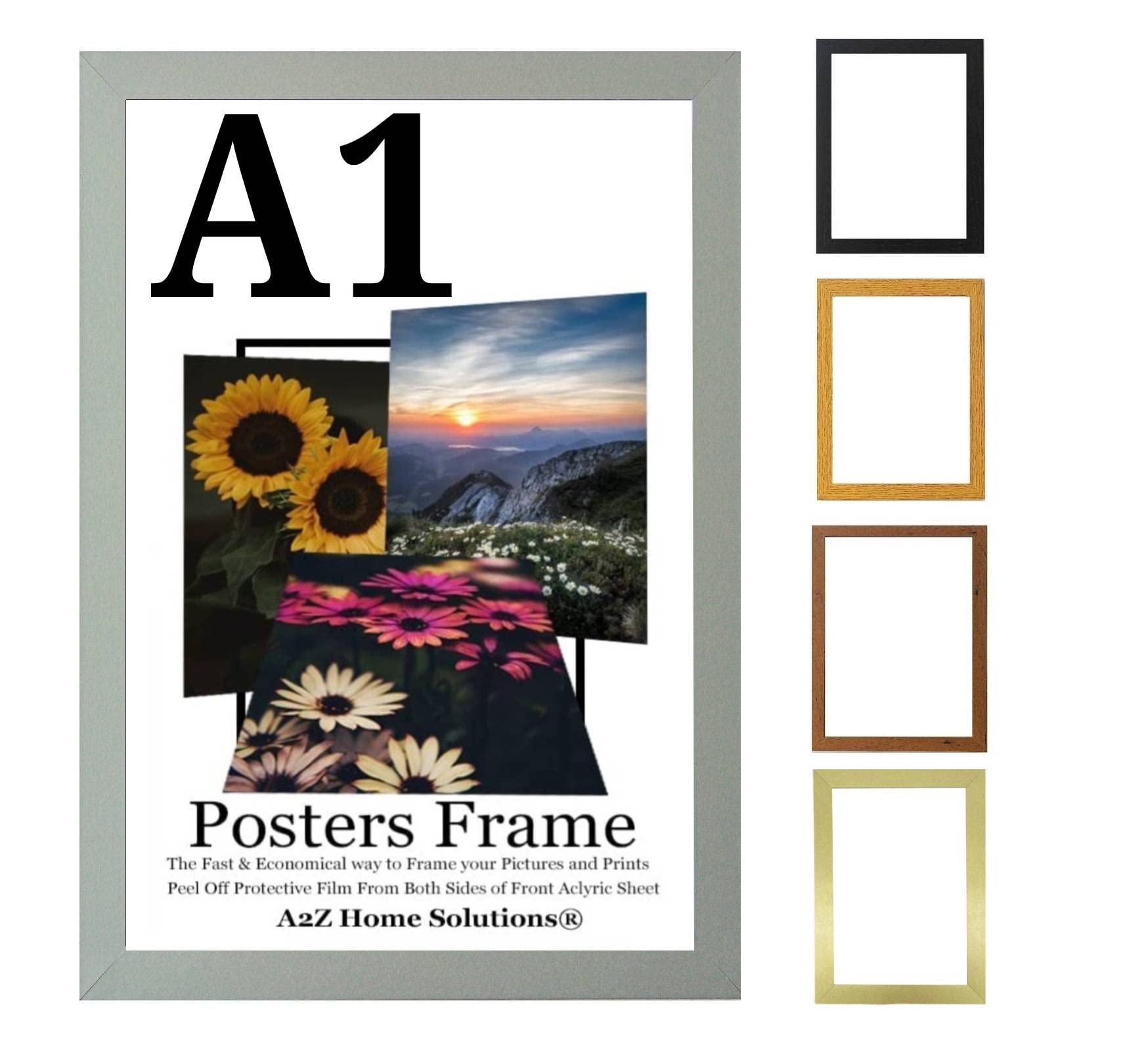 A2Z Home Solutions® Multipack Silver A1 Poster Frames 59.4 x 84.1 cm With Safe Clear Perspex Front & Wall Mounting A1 Frames In Multiple Colors MDF Backboard Portrait or Landscape (Single)