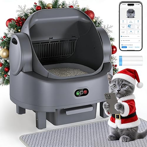 Self Cleaning Cat Litter Box, Open-Top Large Automatic Litter Box for Multiple Cats with Safety Sensors, Includes Liner Bags and Litter Mat Light Grey
