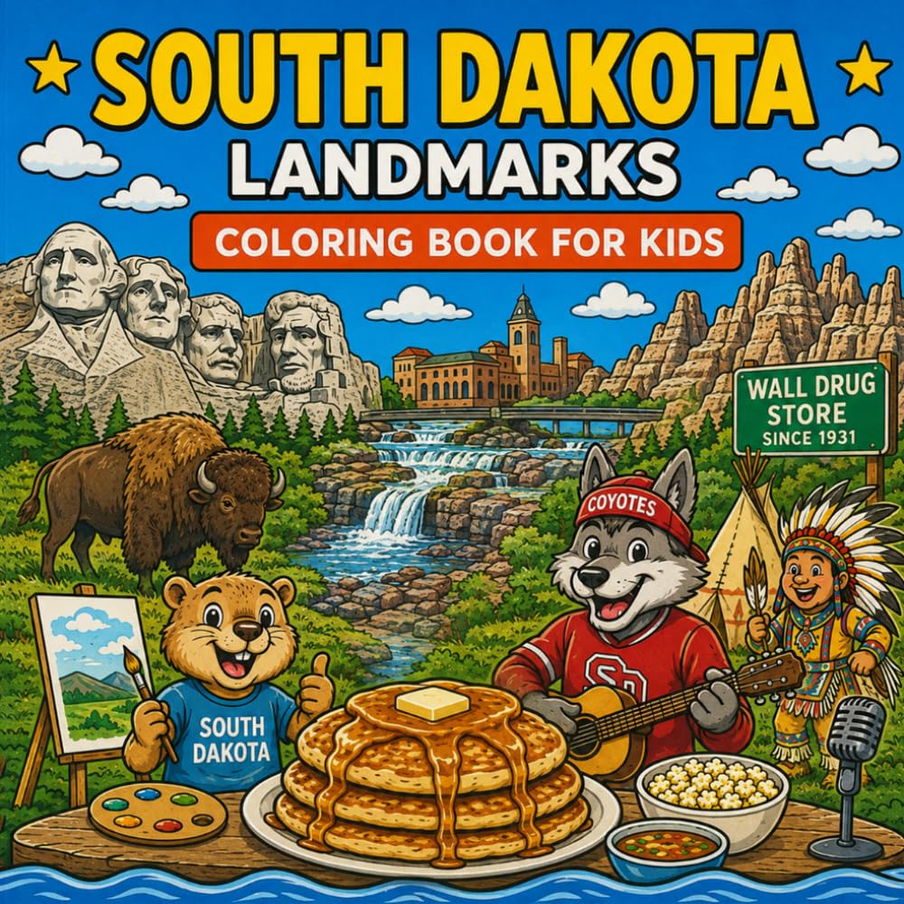 South Dakota Landmarks Coloring Book for Kids: Color the most famous landmarks of South Dakota! (American Landmark Series - Kids Coloring Books)
