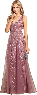 Women's Prom Dresses V Neck Sleeveless Tulle Hem A-Line Sequins Maxi Ball Gowns 02130