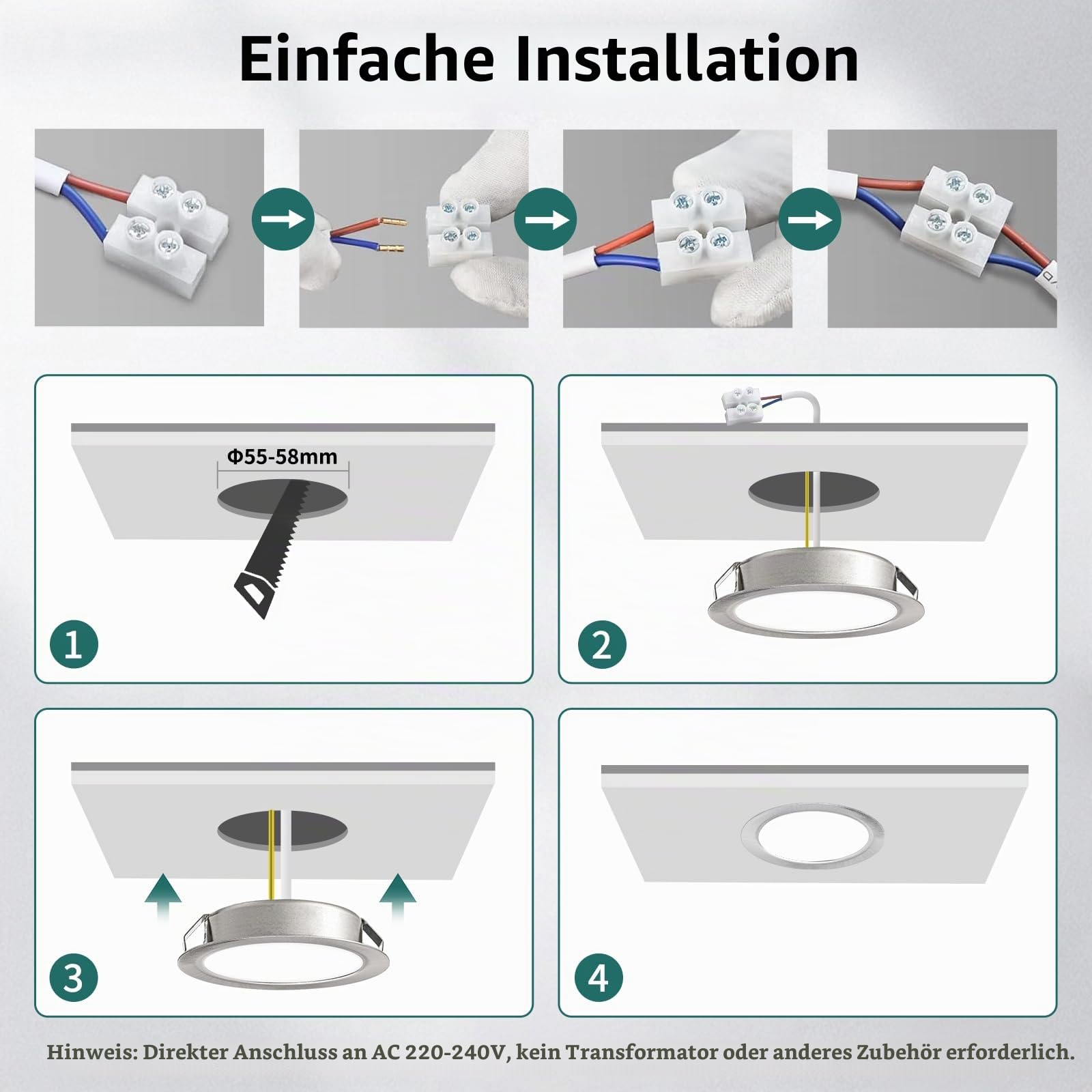 KYOTECH LED Einbaustrahler 230V Dimmbar IP44 3000K Einbauspots 55-58mm | 3W 300LM Möbeleinbauleuchte Warmweiß LED Spot Ultra Flach 15mm für Spiegelschrank 6er Nickel
