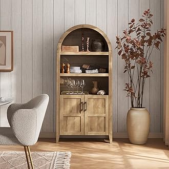 Lauren 65.4" Short Arched Cabinet, 5-Tier Arched Bookcase with Doors and Shelves, Mini Arch Bookshelf with Storage, Wooden Storage Cabinet for Living Room and Kitchen Pantry (Oak)