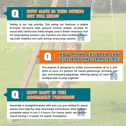 Miniatura 8 de Albott Juego de columpios de madera para niños, gran casa de juegos de madera al aire libre con toboganes ondulados, columpios, pared de escalada y
