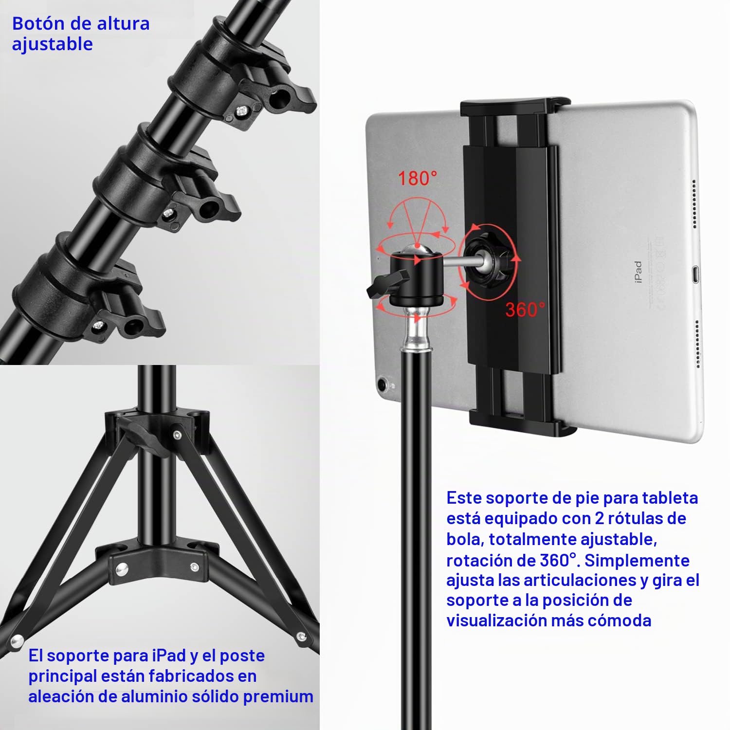 SAMHOUSING Trípode para Tablet y Smartphone de 4,5 a 13 Pulgadas, Altura Ajustable hasta 65 Pulgadas, Soporte para iPad Pro, iPhone y más