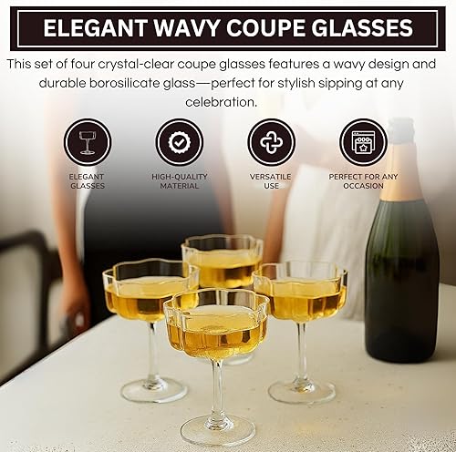 Miniatura 5 de Flower - Juego de 4 copas de vidrio onduladas vintage de pétalos ondulados de 7 onzas, copas onduladas y de champán, Prosecco, Martini, Mimosa,