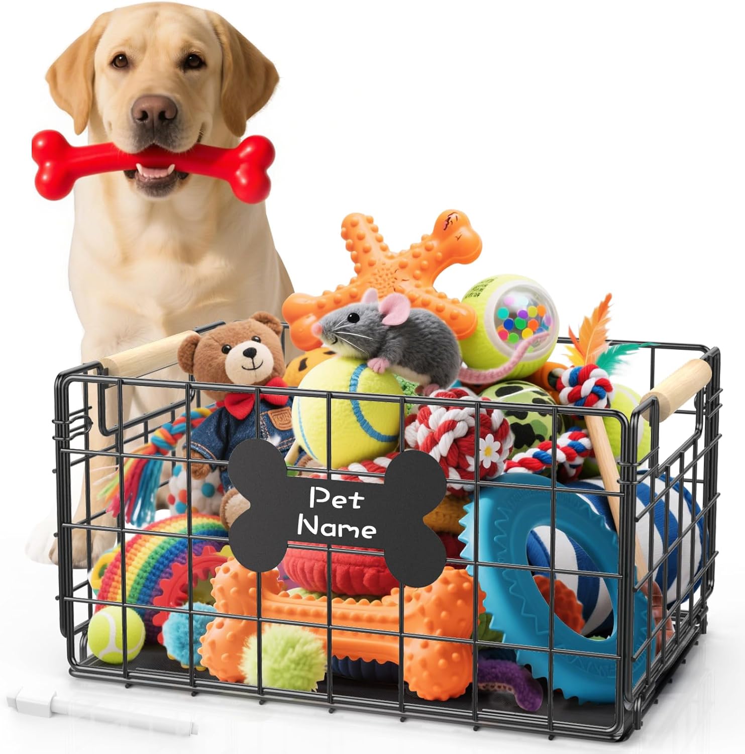 Dog Toy Basket, Chew-Proof Metal Dog Toy Bin with Handles, Pet Stuff Storage Organizer Box for Dogs with Marker Pen, Portable & Foldable Puppy Toys Basket for Living Room, 15.8''×11.8''×11.8''